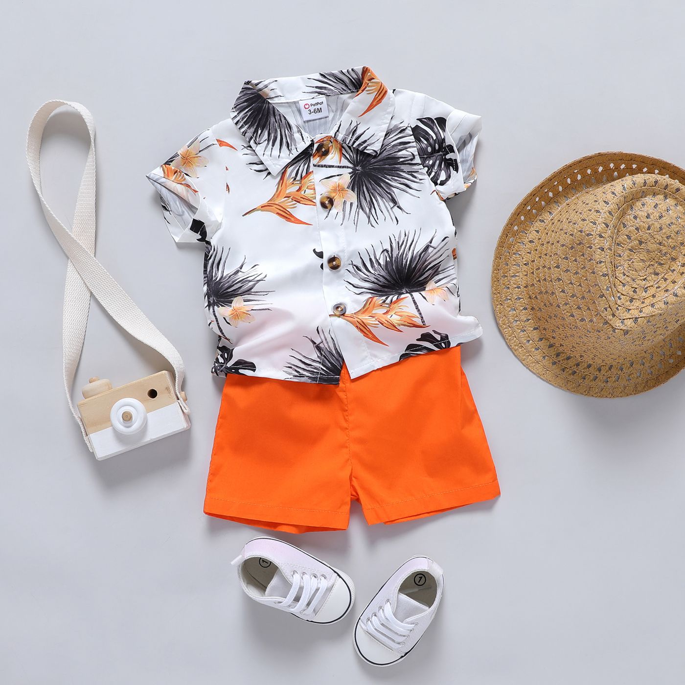 

2pcs Baby Boy 100% Cotton Solid Shorts and Allover Plant Print Short-sleeve Shirt Set