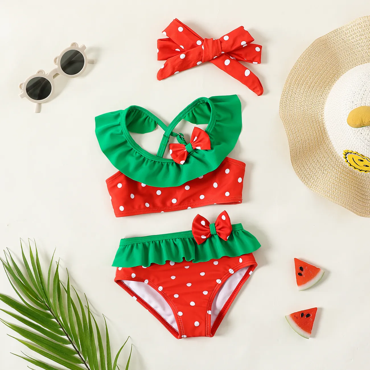 3pcs Baby Girl Polka Dots Bow Decor Colorblock Ruffle Two-piece Swimsuit & Headband Set Red big image 1