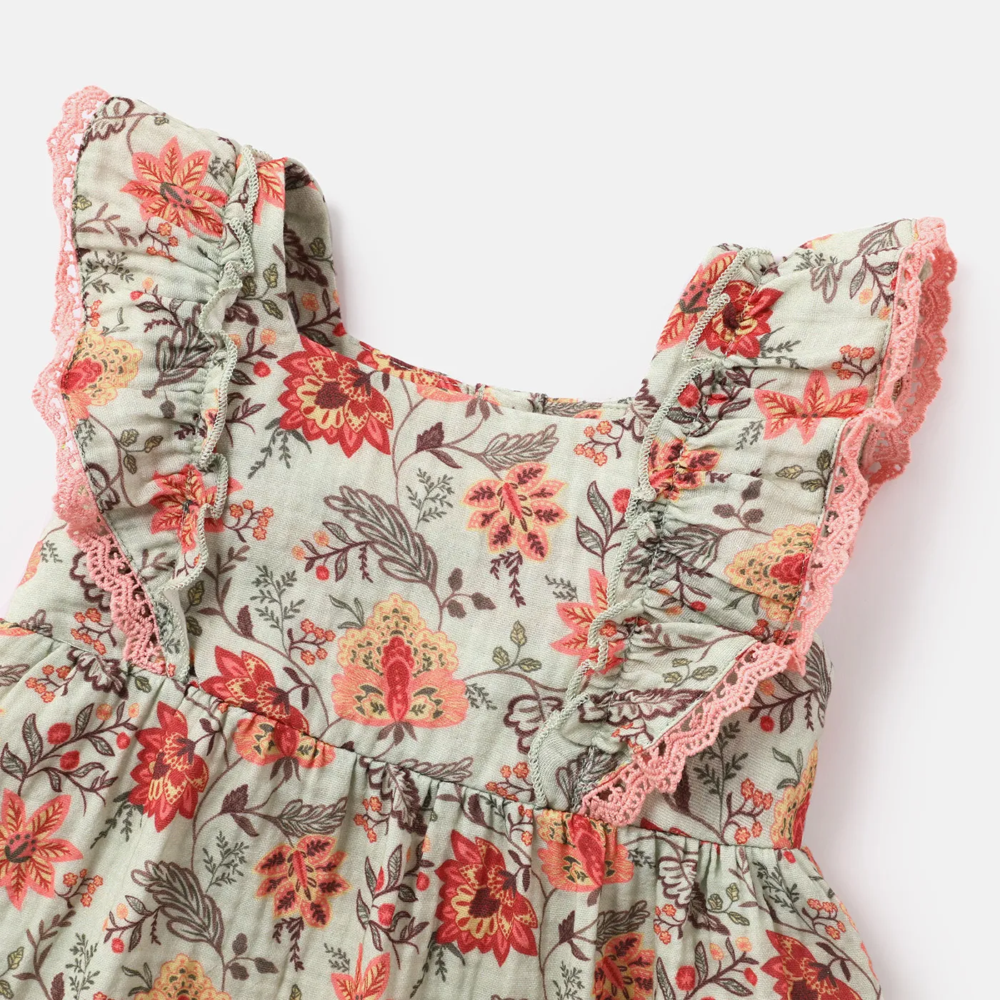 Baby Girl 100% Cotton Crepe Lace Detail Ruffle Trim Dress GrayGreen image 3