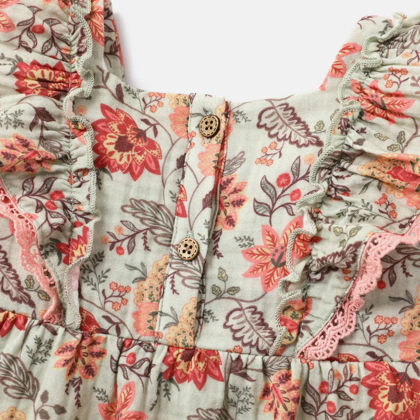 Baby Girl 100% Cotton Crepe Lace Detail Ruffle Trim Dress GrayGreen image 5