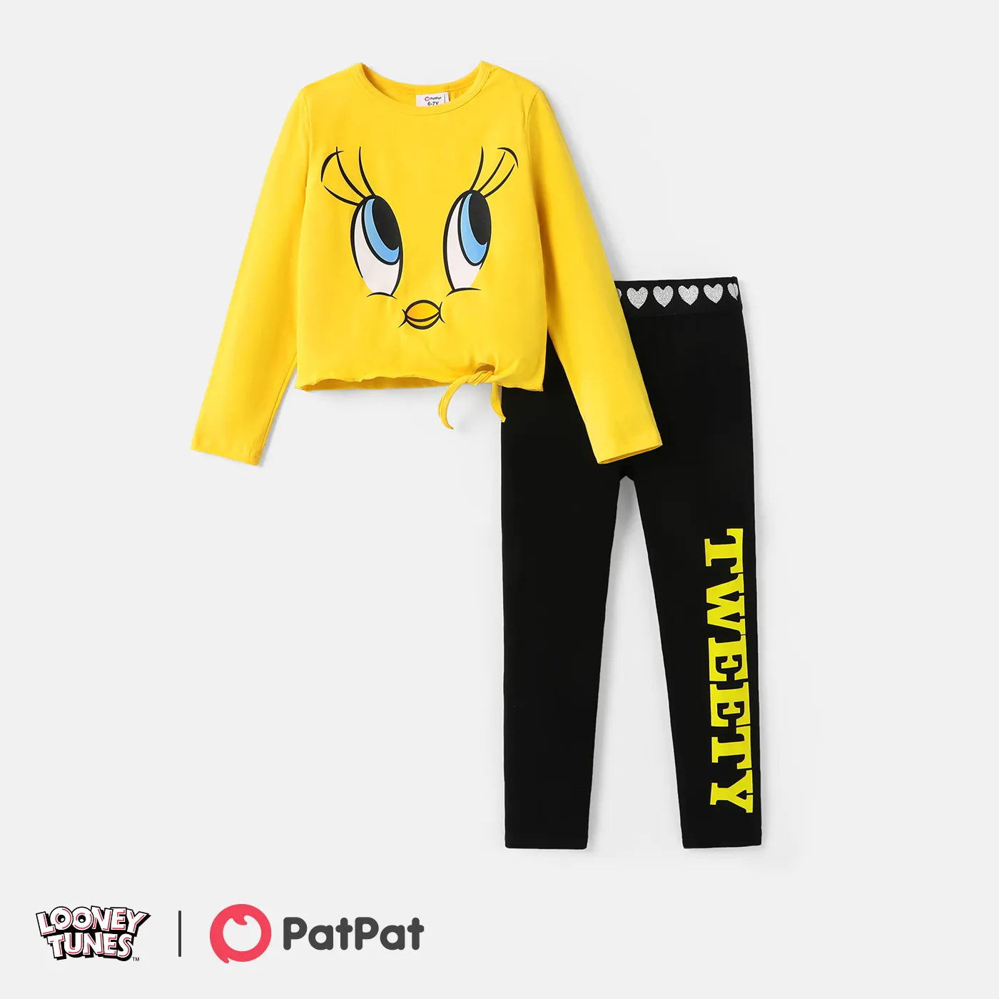 Looney Tunes 2pcs Kid Girl Character Print Tie Knot Cotton Long-sleeve Tee and Letter Print Leggings Set Yellow