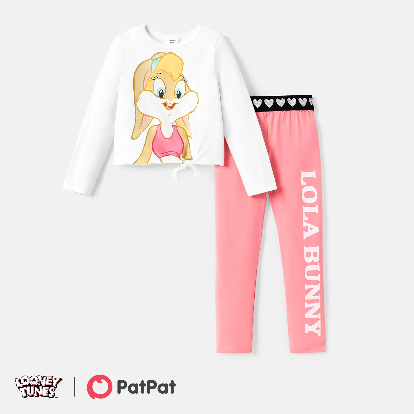 Looney Tunes 2pcs Kid Girl Character Print Tie Knot Cotton Long-sleeve Tee and Letter Print Leggings Set White big image 1