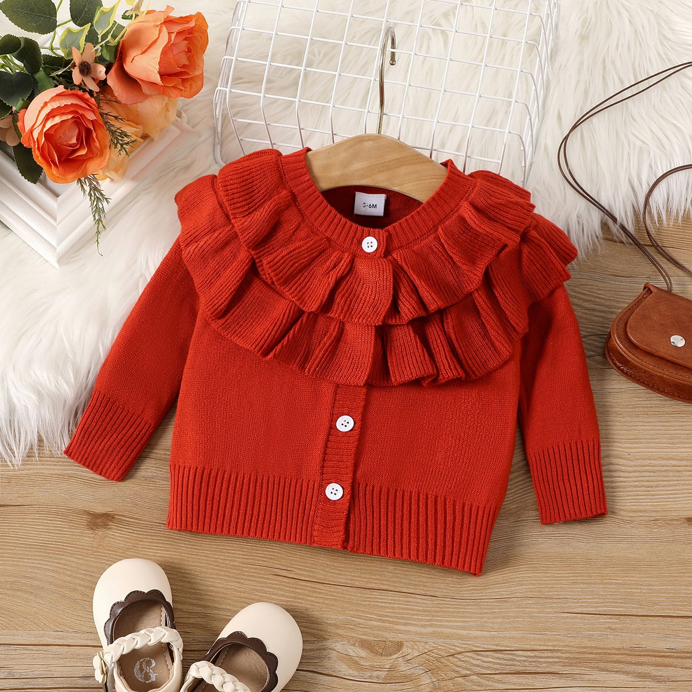 

Baby Girl Solid Knitted Layered Ruffle Trim Long-sleeve Button Front Cardigan Sweater