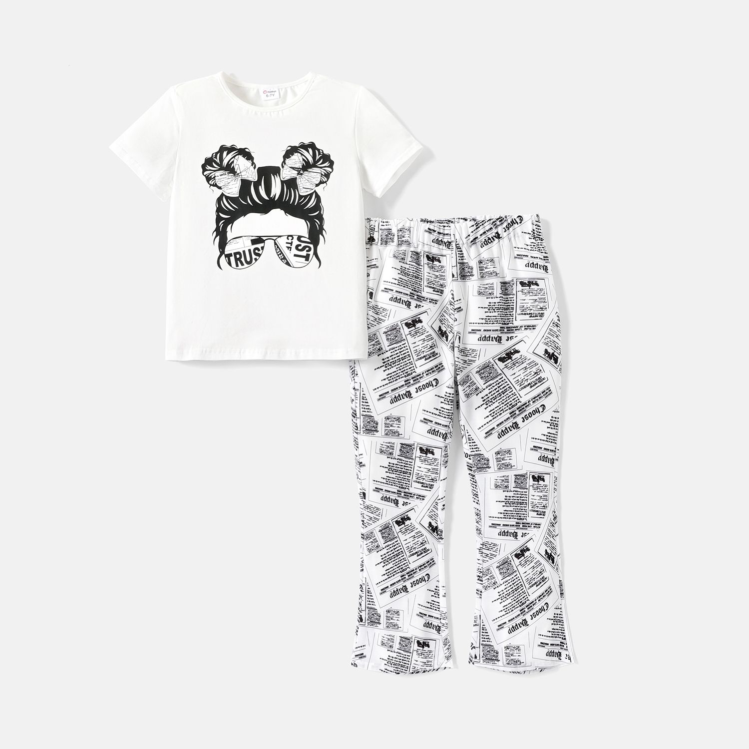 2pcs Kid Girl Cotton Short-sleeve Figure Print Tee And Allover Print Pants Set