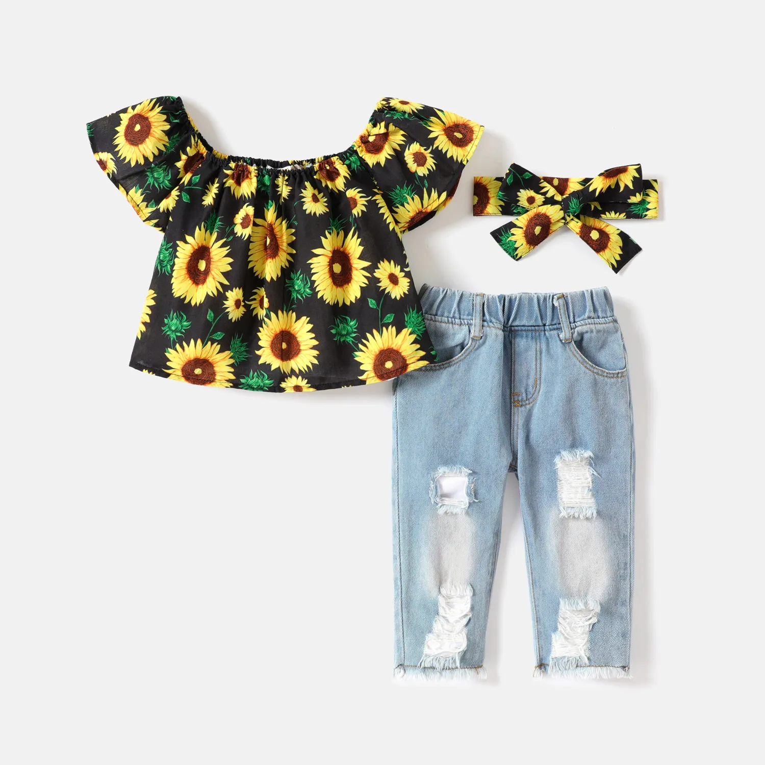 

3pcs Baby Girl Allover Sunflower Floral Print Off Shoulder Short-sleeve Top and Ripped Jeans with Headband Set
