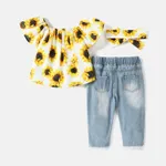 3pcs Baby Girl Allover Sunflower Floral Print Off Shoulder Short-sleeve Top and Ripped Jeans with Headband Set  image 2
