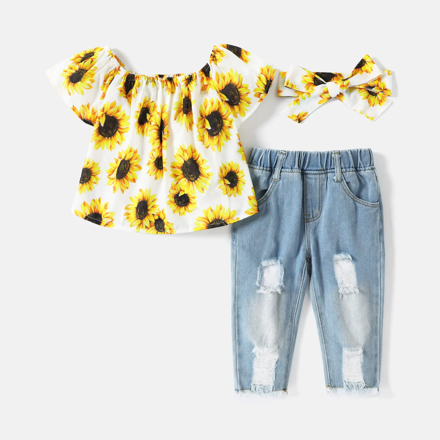 3pcs Baby Girl Allover Sunflower Floral Print Off Shoulder Short-sleeve Top and Ripped Jeans with He