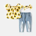 3pcs Baby Girl Allover Sunflower Floral Print Off Shoulder Short-sleeve Top and Ripped Jeans with Headband Set White