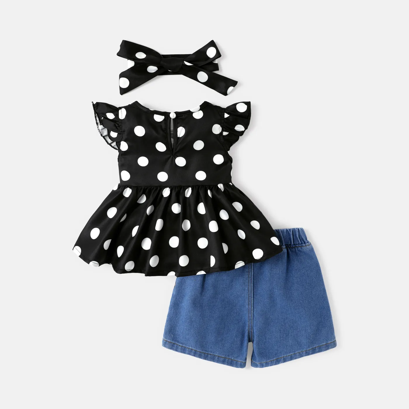 3pcs Baby Girl Polka dots Flutter-sleeve Tee and Ripped Denim Shorts & Headband  image 2