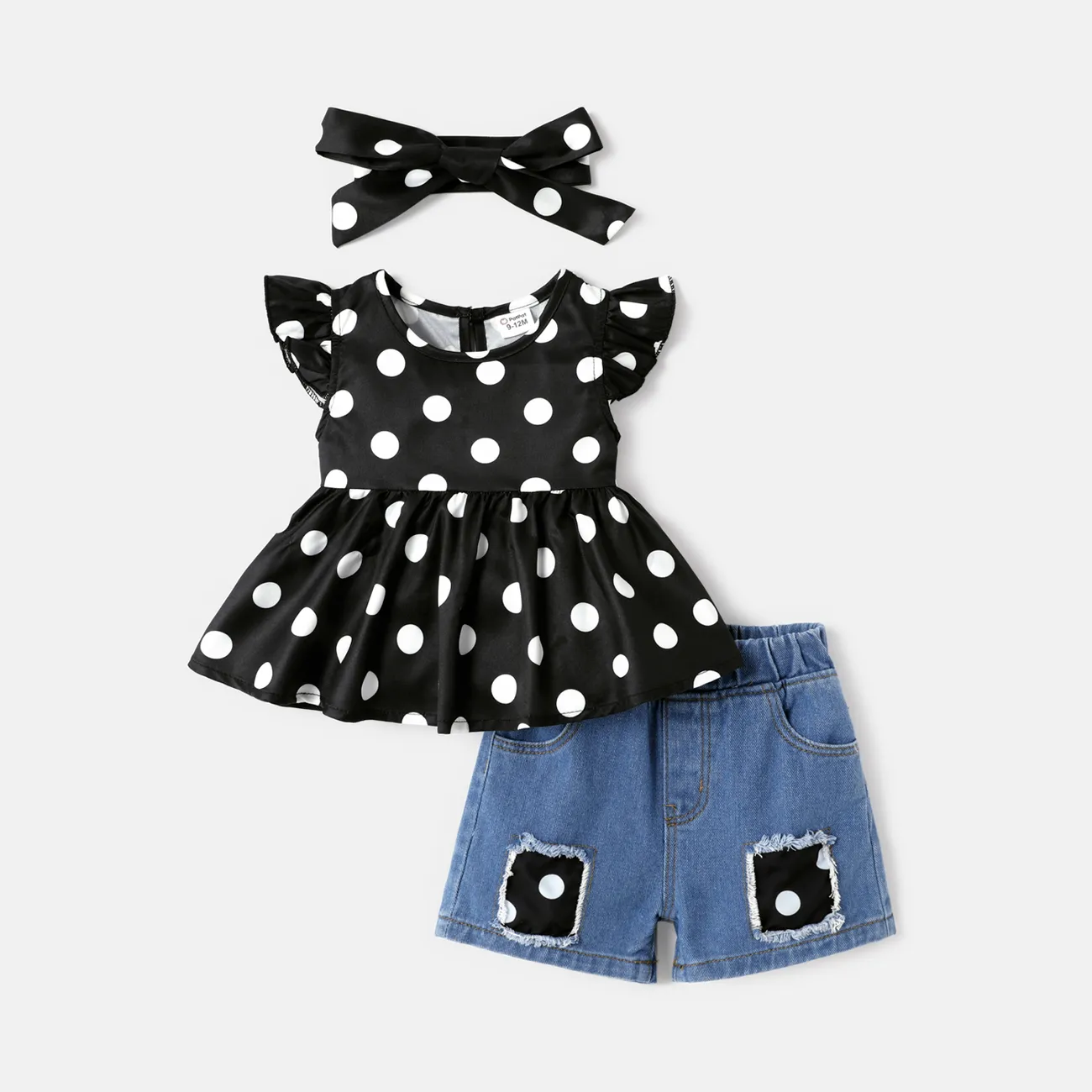 3pcs Baby Girl Polka dots Flutter-sleeve Tee and Ripped Denim Shorts & Headband  big image 1