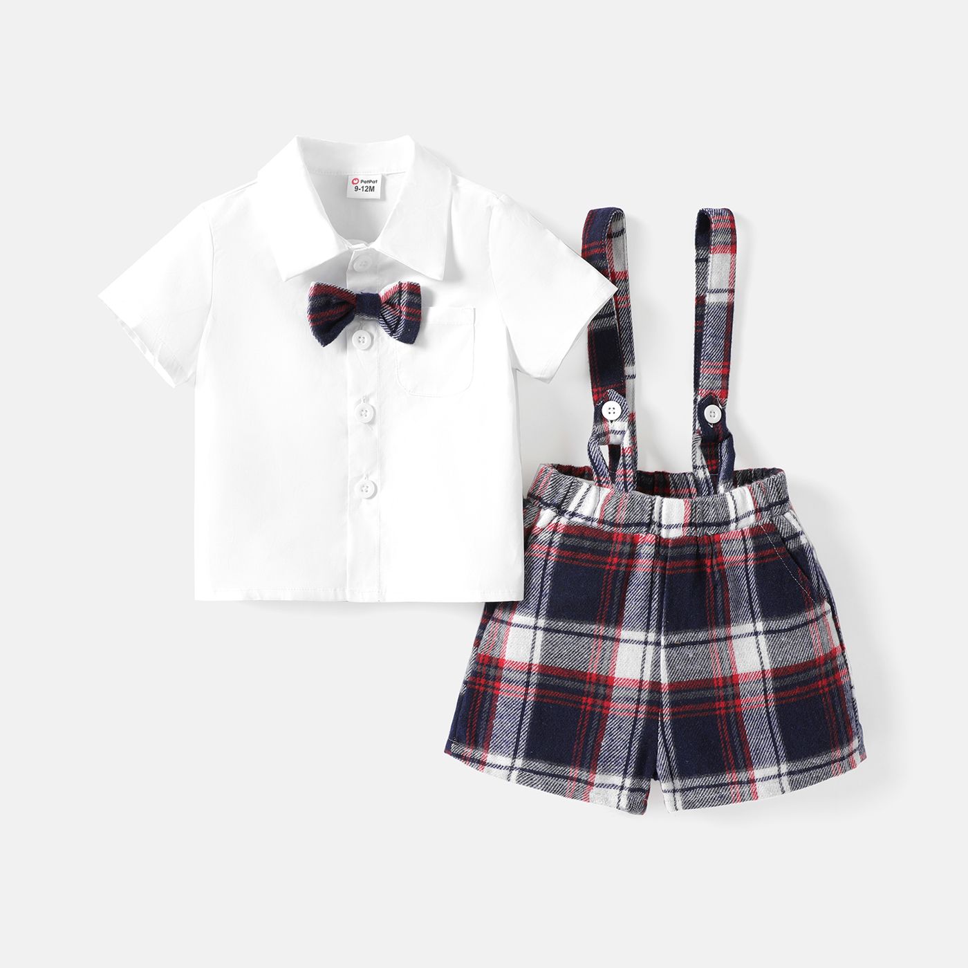 

2pcs Baby Boy 100% Cotton Bow Tie Detail Short-sleeve Shirt and Plaid Suspender Shorts Set