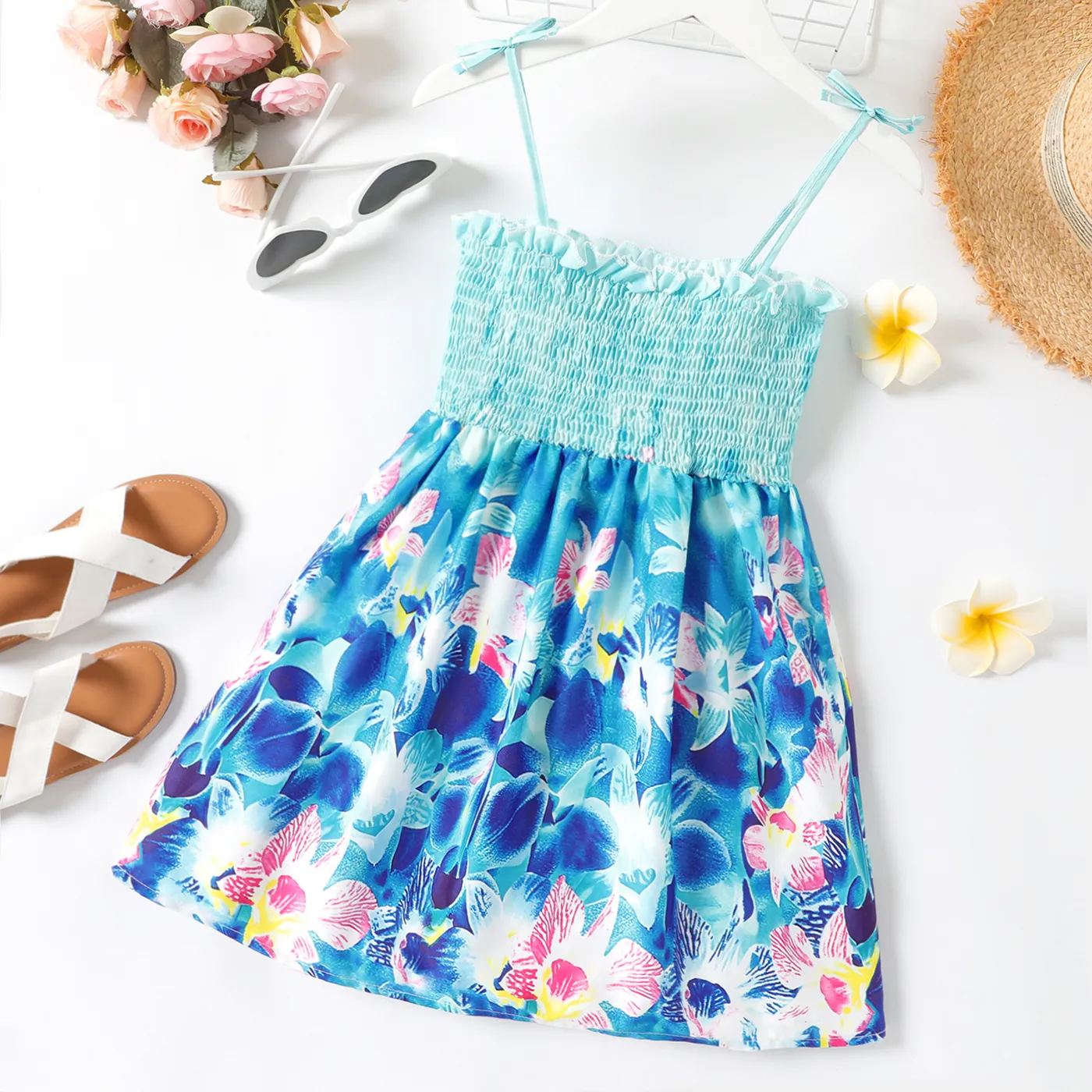 Kid Girl Floral Print Smocked Bowknot Design Slip Dress Blue