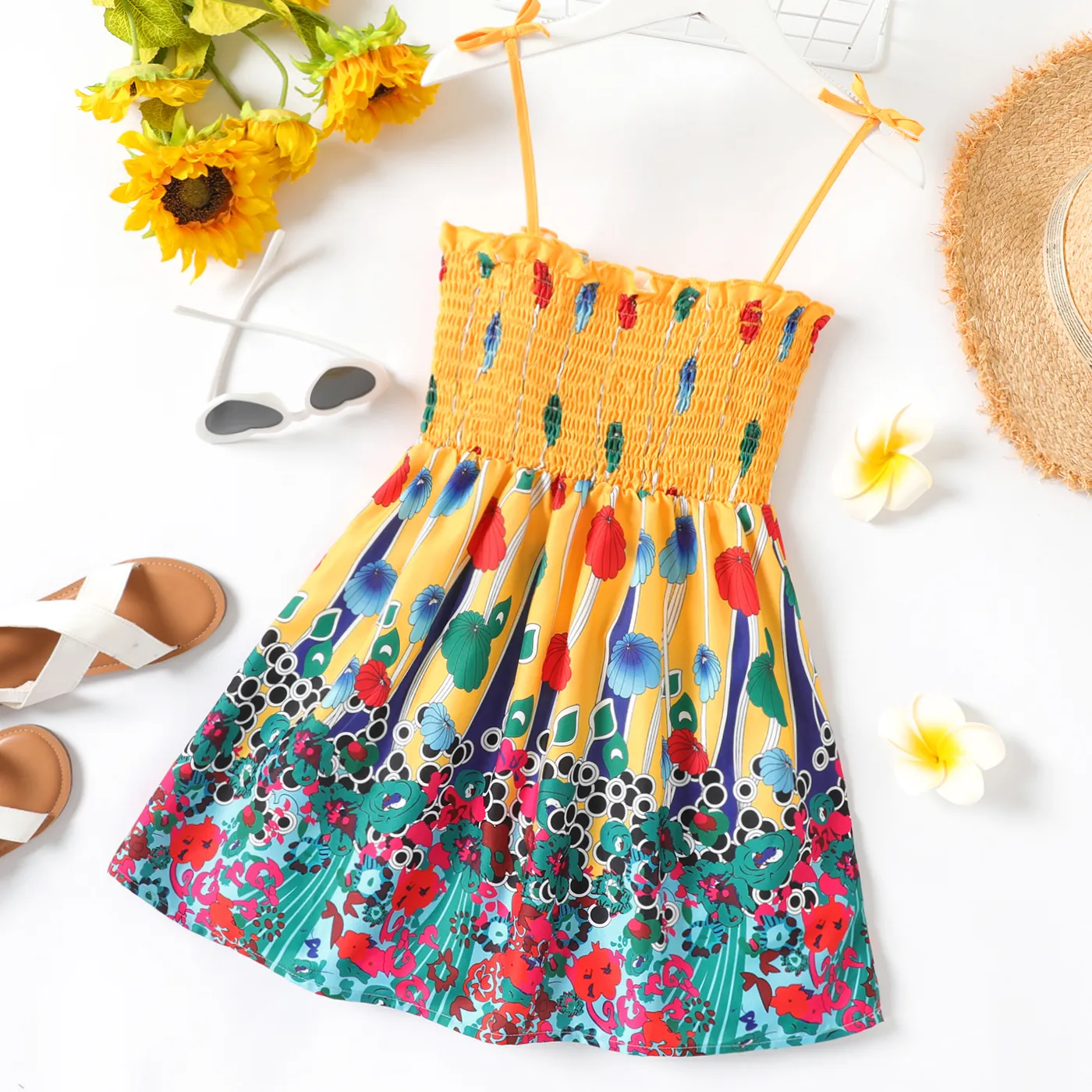 Kid Girl Floral Print Smocked Bowknot Design Slip Dress