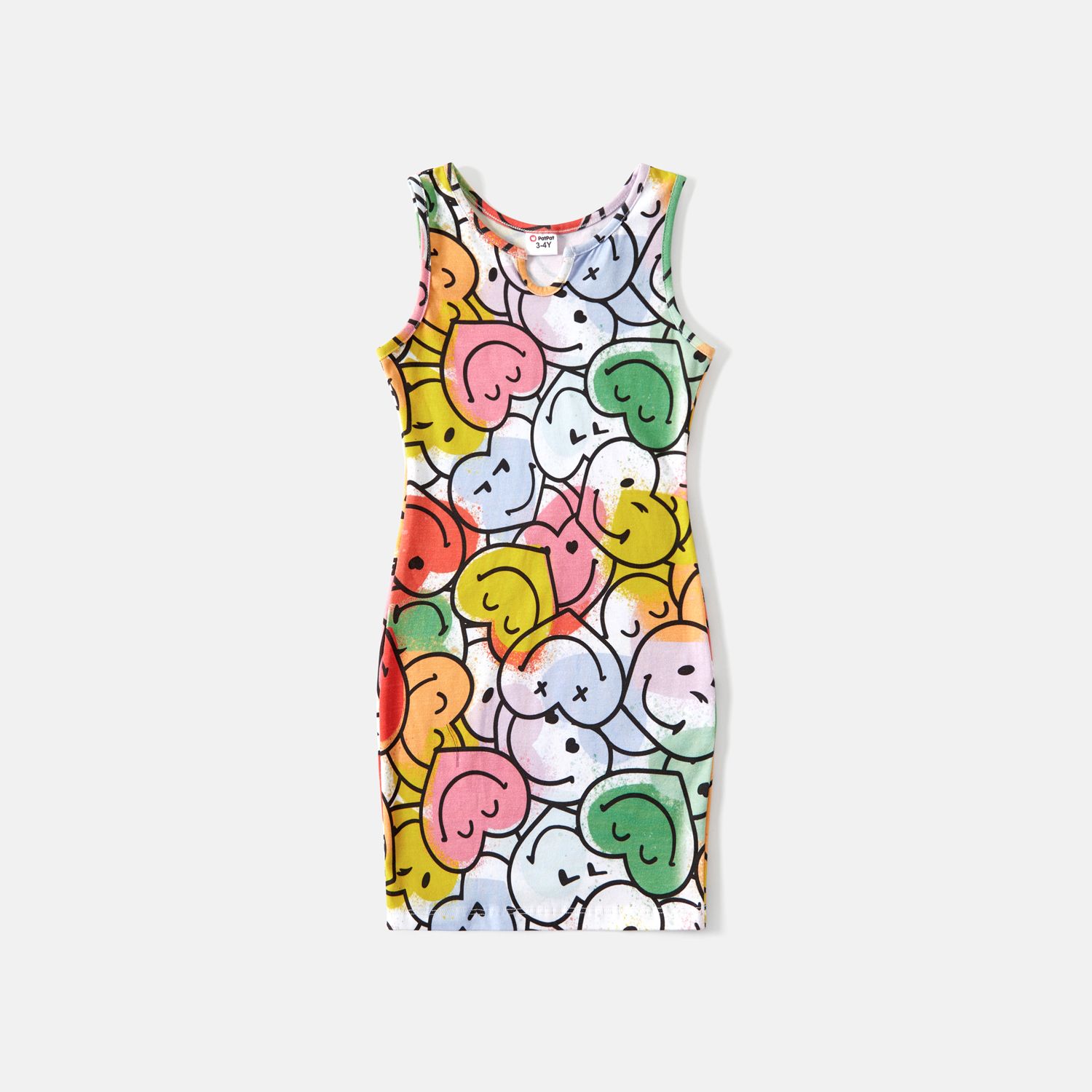 Family Matching Cotton Short-sleeve T-shirts And Allover Colorful Print Bodycon Tank Dresses Sets