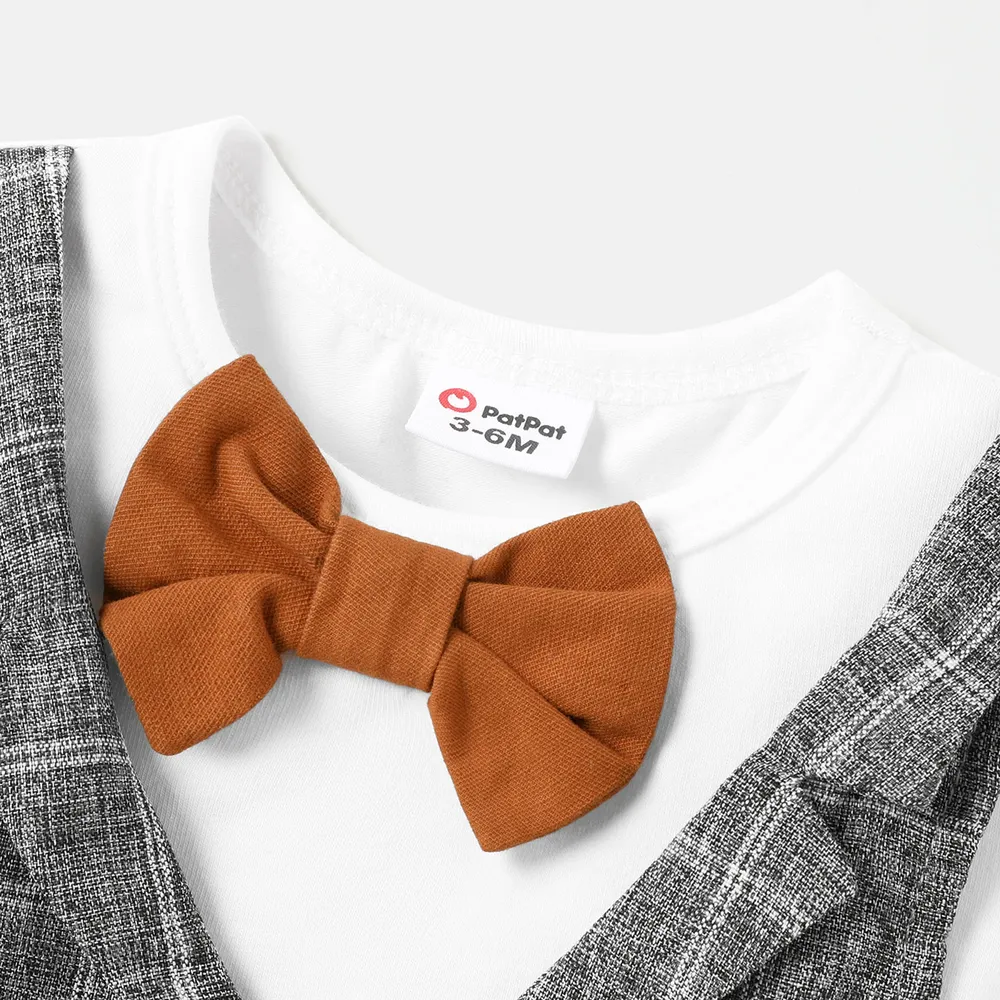 2pcs Baby Boy Cotton Faux-two Plaid Bow tie Vest Design Short-sleeve Tee and Shorts Set big image 3