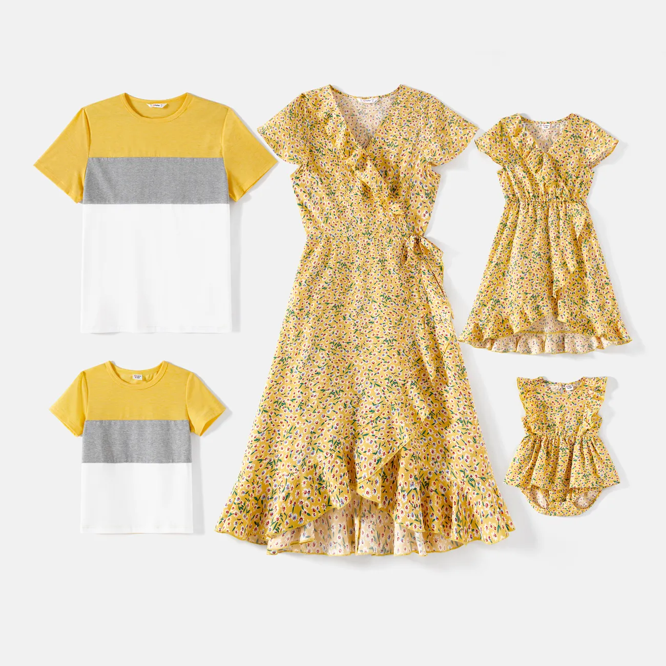 Family Matching Allover  Floral Print Surplice Neck Short-sleeve  Ruffled Dresses and Colorblock Tee Sets Yellow big image 1