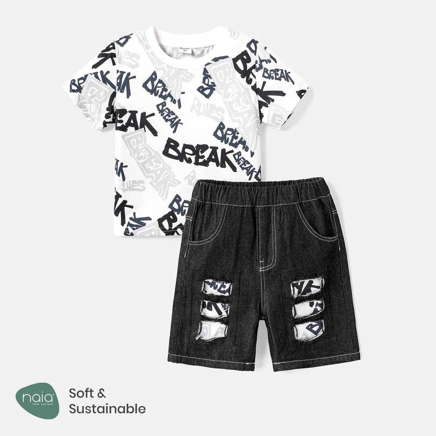 2pcs Toddler Boy Naia Letter Print Short-sleeve Tee and Patchwork Ripped Denim Shorts Set Black big image 1