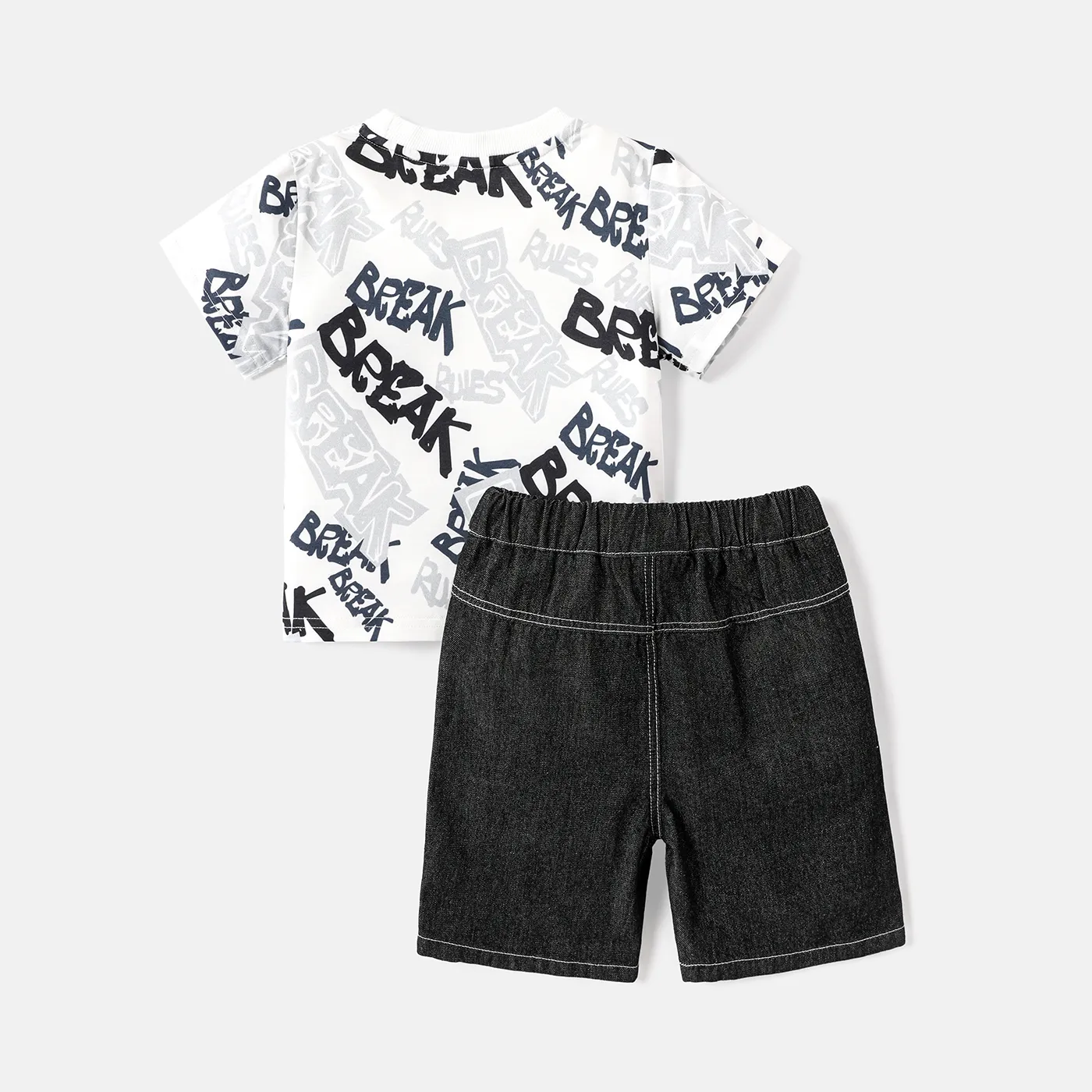 2pcs Toddler Boy Naia Letter Print Short-sleeve Tee and Patchwork Ripped Denim Shorts Set Black image 2
