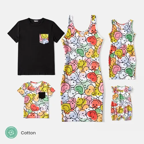 Family Matching Cotton Short-sleeve T-shirts and Allover Colorful Print Bodycon Tank Dresses Sets