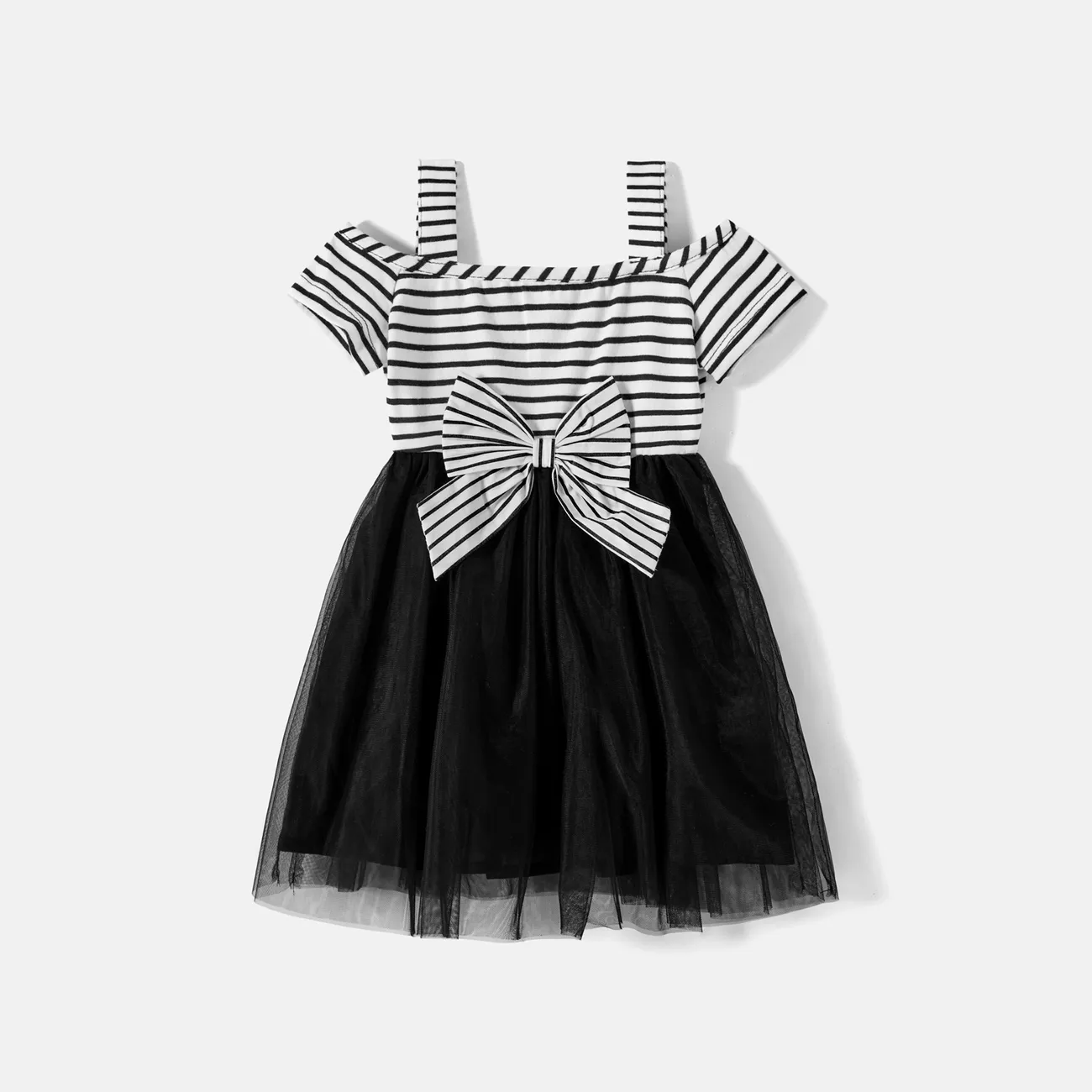 Family Matching Cotton Striped Short-sleeve T-shirts and Off Shoulder Belted Spliced Dresses Sets BlackandWhite big image 1