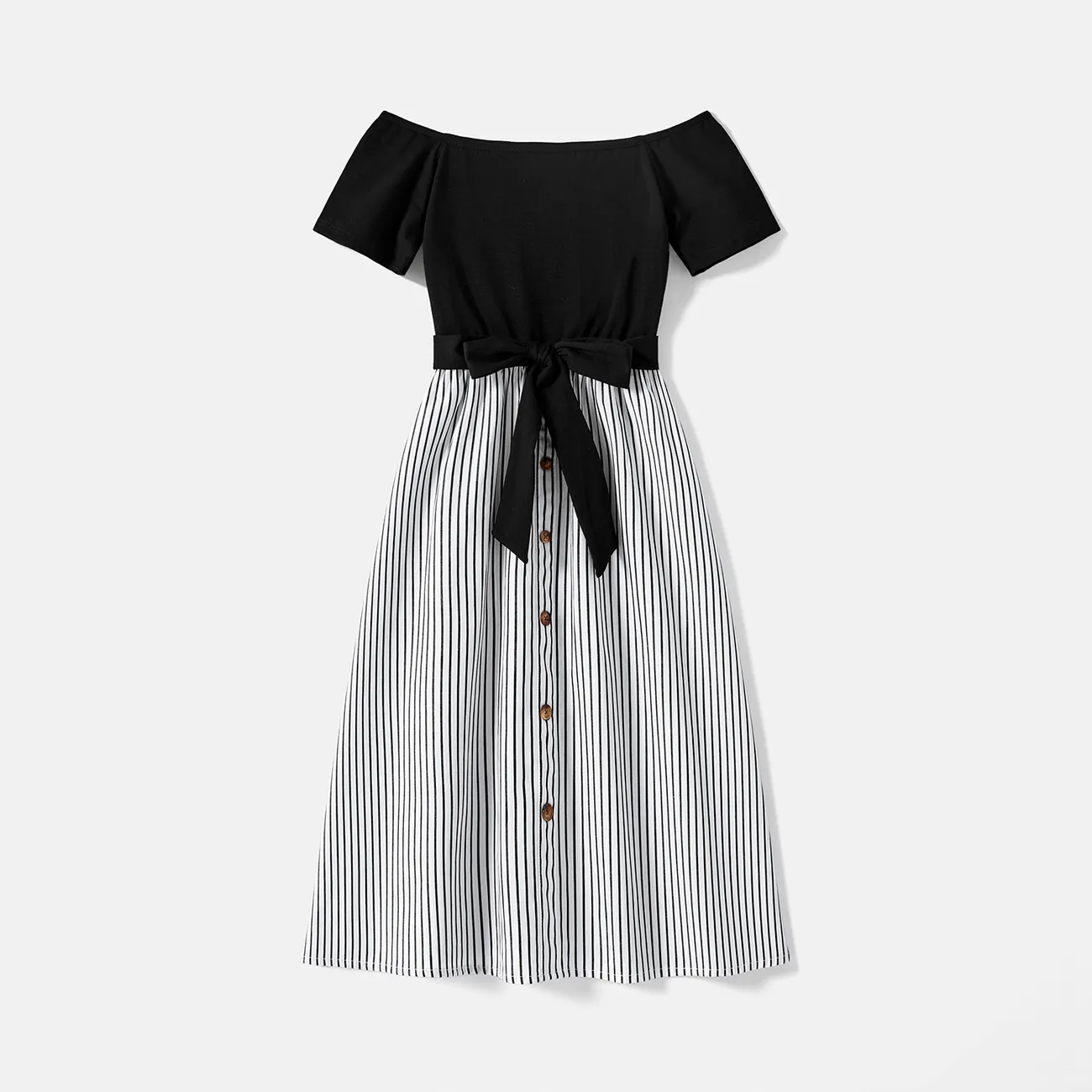 Family Matching Cotton Striped Short-sleeve T-shirts and Off Shoulder Belted Spliced Dresses Sets BlackandWhite big image 1