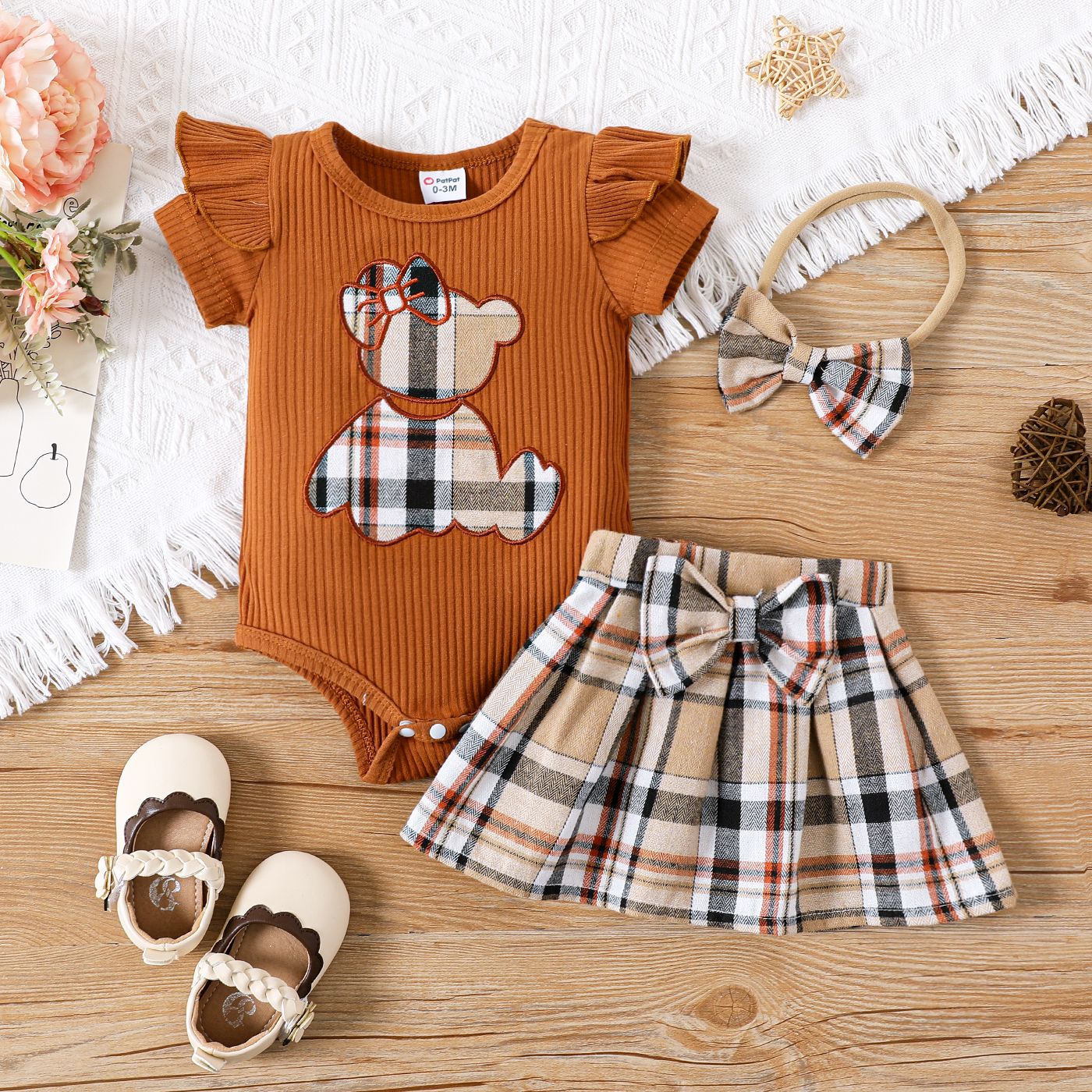 

3pcs Baby Girl Cotton Ribbed Ruffle Short-sleeve Bear Embroidered Romper and Plaid Skirt & Headband Set