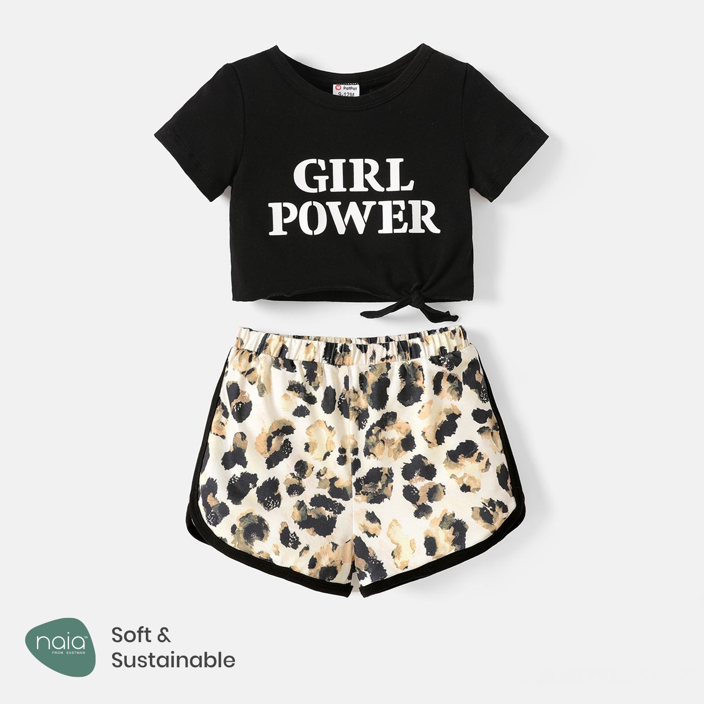 2pcs Baby Girl Letter Print Knot Front Short-sleeve Cotton Crop Tee and Leopard Naiatm Shorts Set