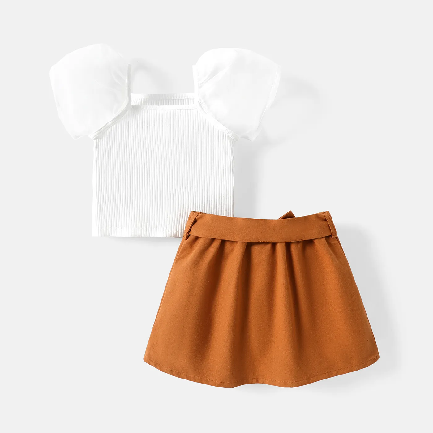 2pcs Baby Girl 100% Cotton Solid Skirt and Puff-sleeve Ribbed Top Set  image 2