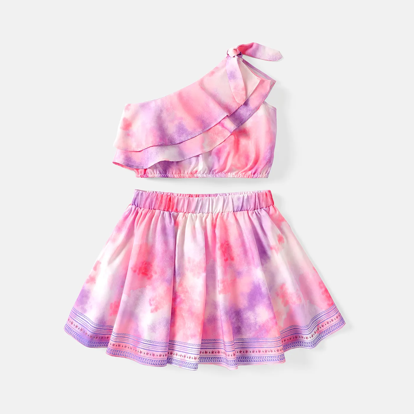 2pcs Kid Girl Tie Dyed One Shoulder Tee and Elasticized Skirt Set HS big image 1