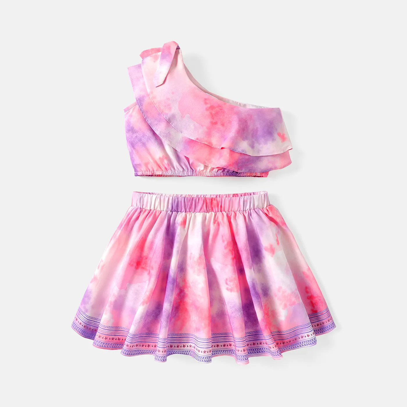 2pcs Kid Girl Tie Dyed One Shoulder Tee and Elasticized Skirt Set HS image 2