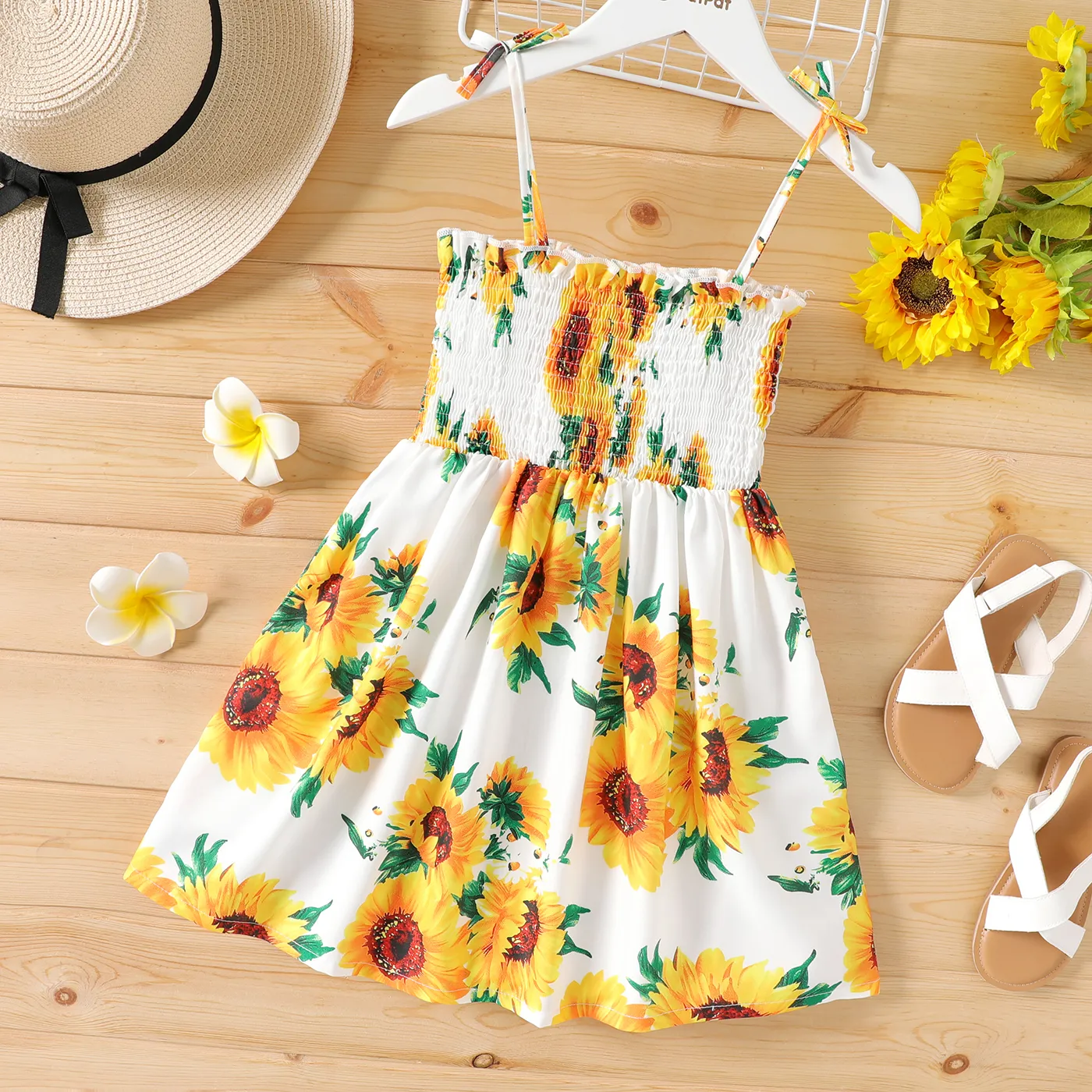Kid Girl Floral Print Smocked Slip Dress White