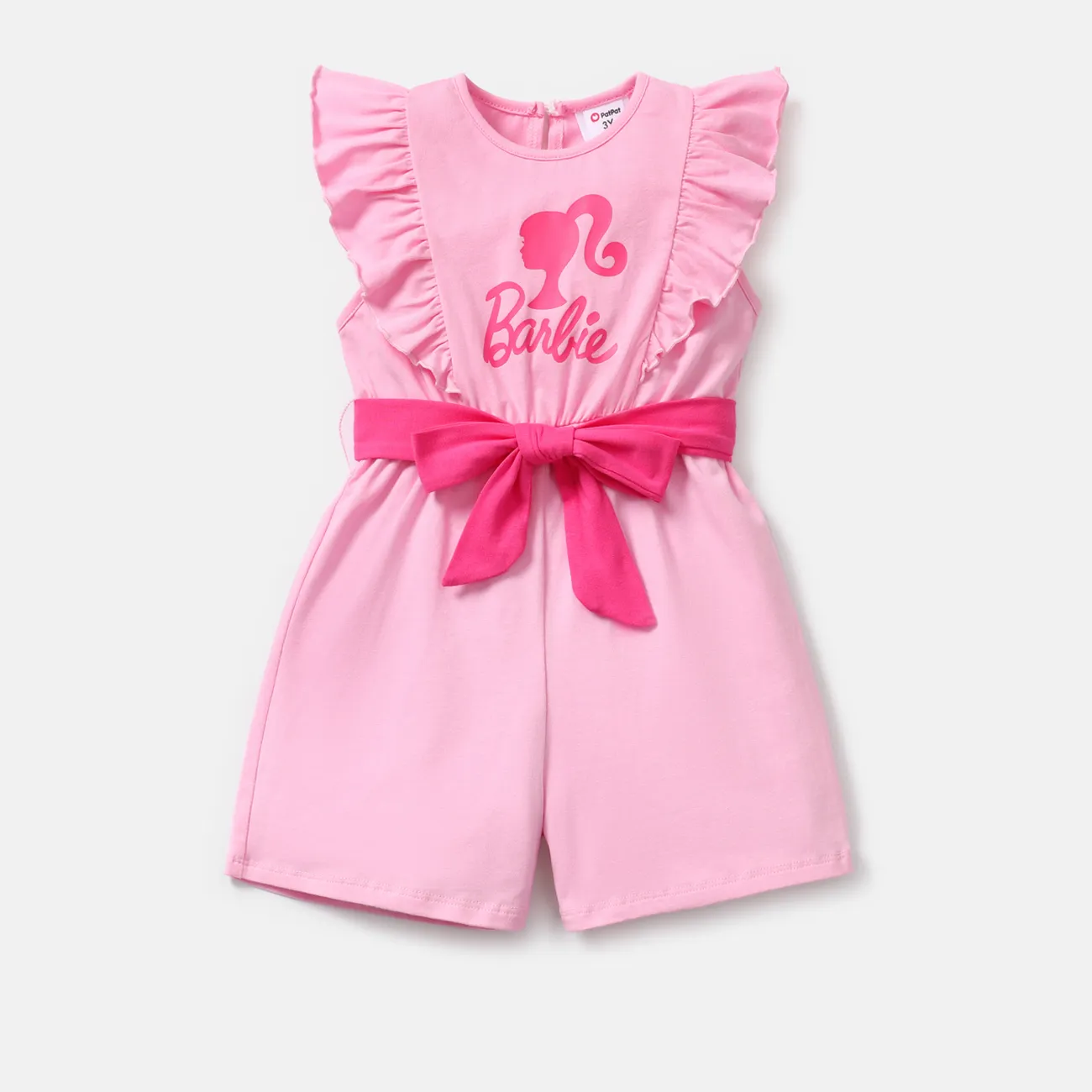 Barbie Toddler Girl Cotton Letter Print Ruffled Belted Rompers Pink big image 1