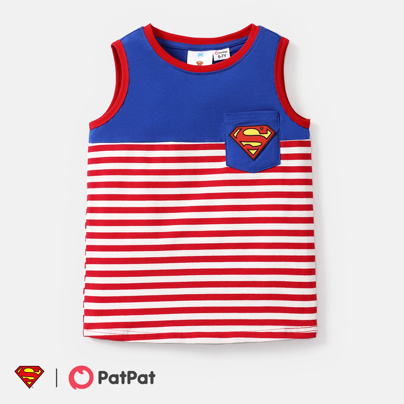 Justice League Kid Boy 100% Cotton rubber patch Logo Pocket Design Stripe Tank Top REDWHITE