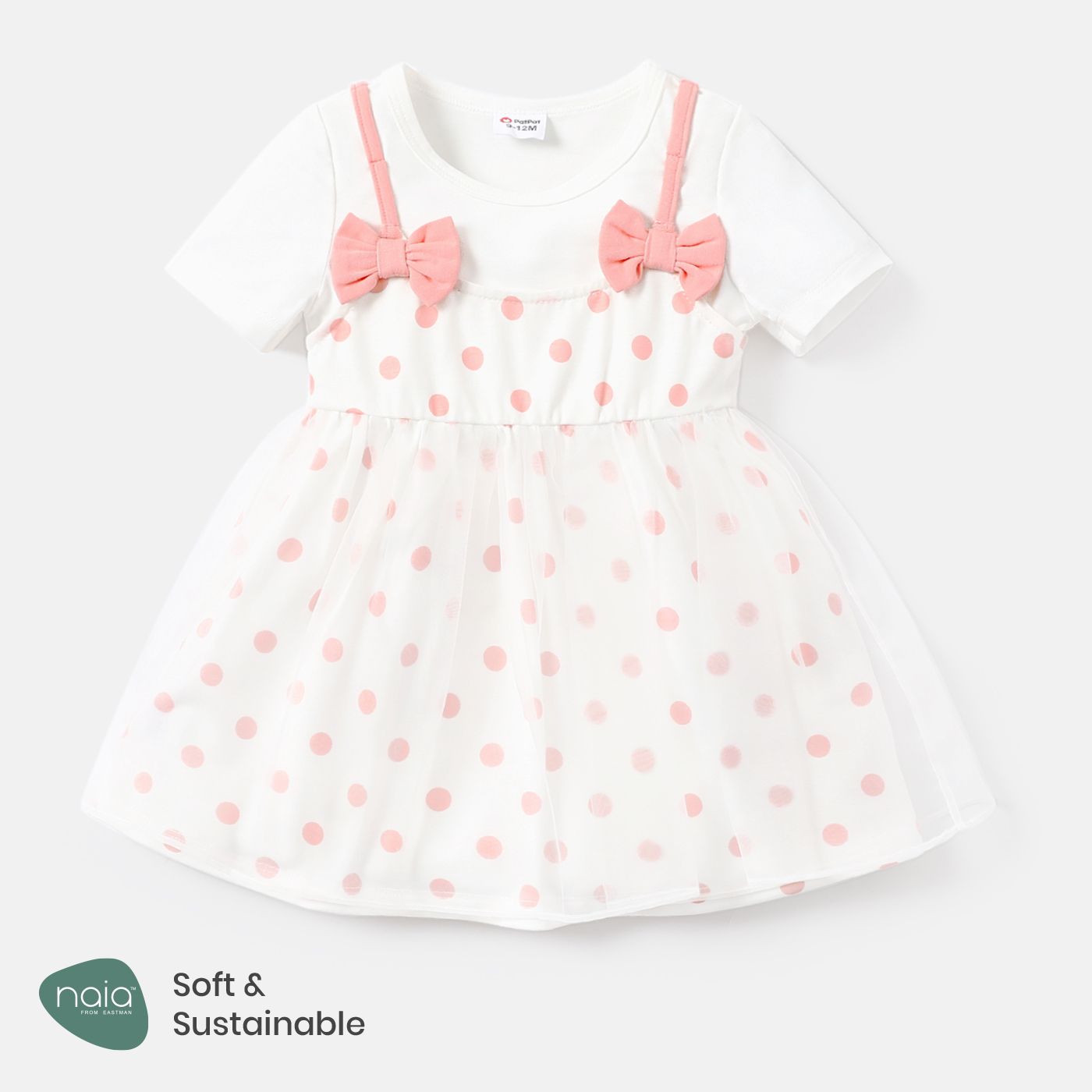 Baby Girl Front Bow Decor Polka Dot Print Slip Short-sleeve Dress