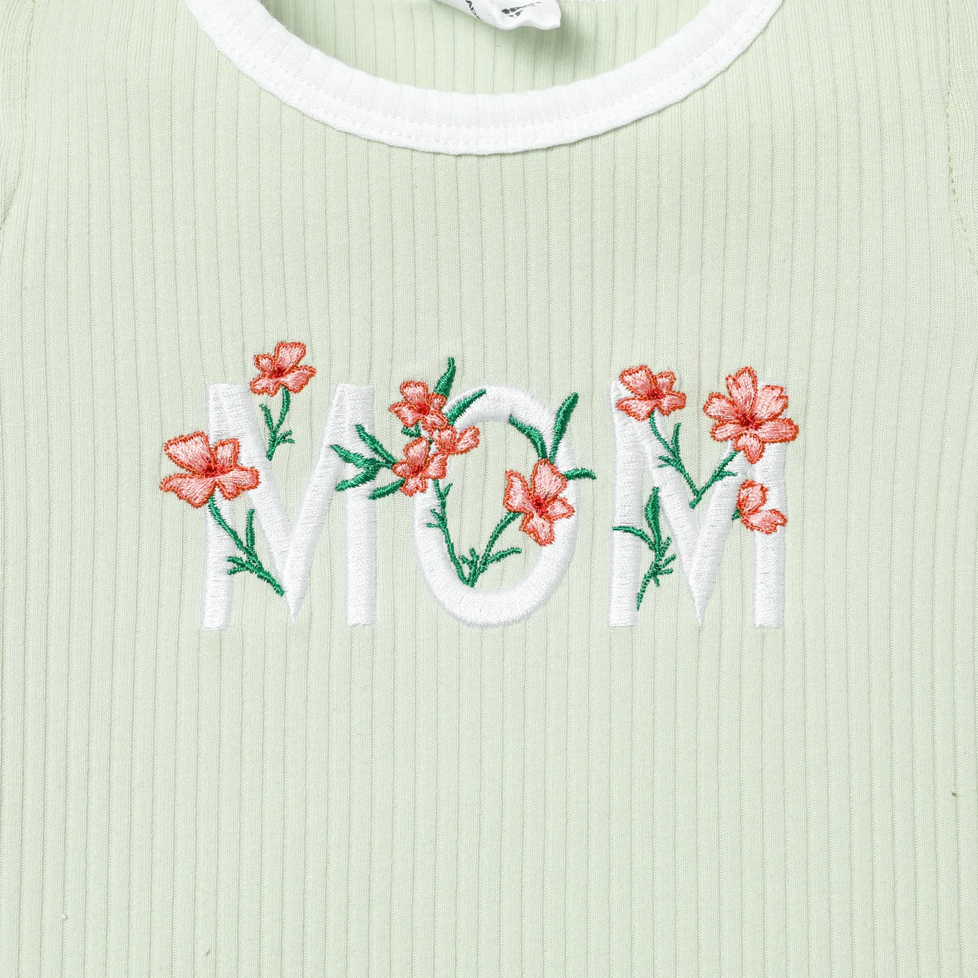 Baby Girl Cotton Letter Embroidered Flutter-sleeve Ribbed Tee Light Green image 5