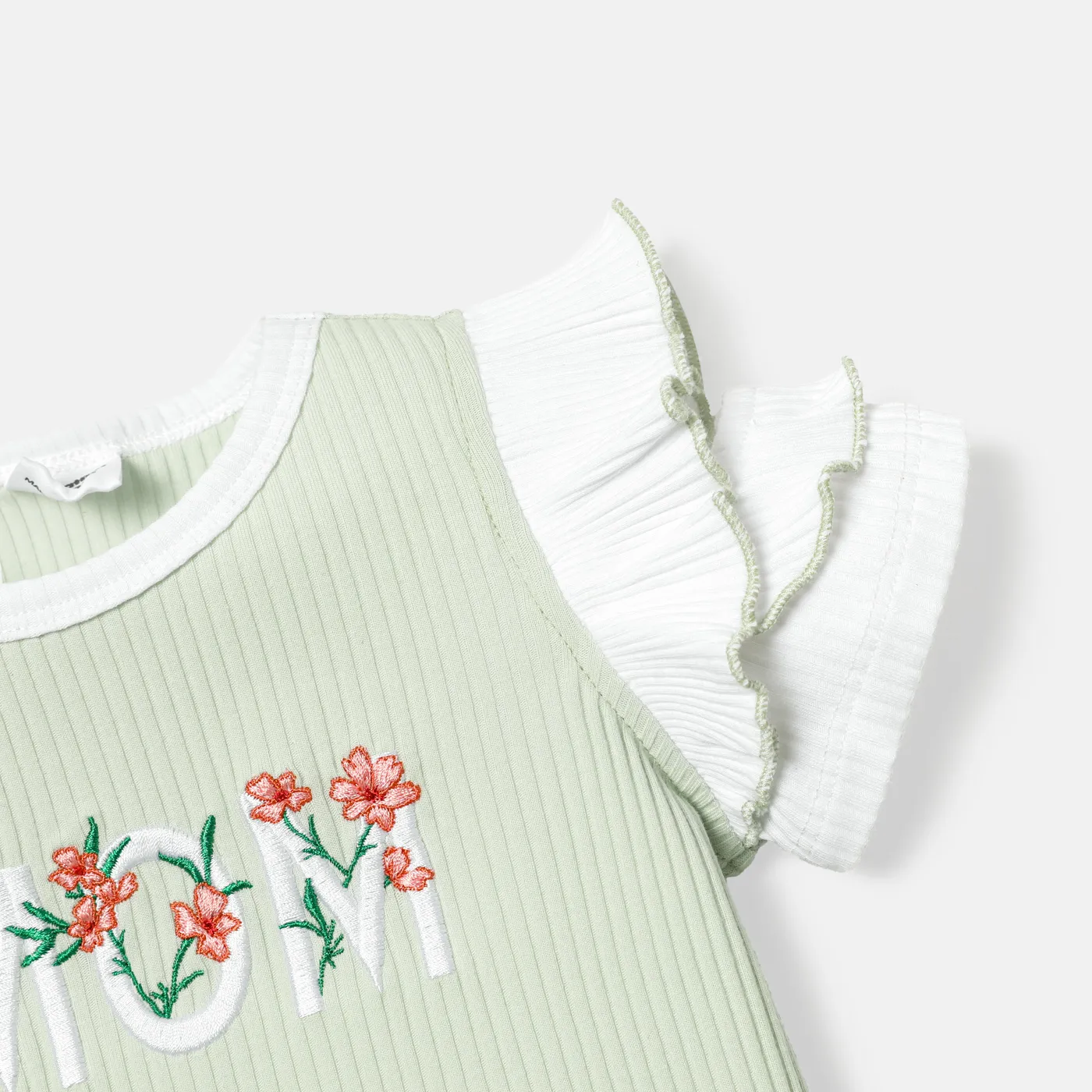 Baby Girl Cotton Letter Embroidered Flutter-sleeve Ribbed Tee Light Green image 4