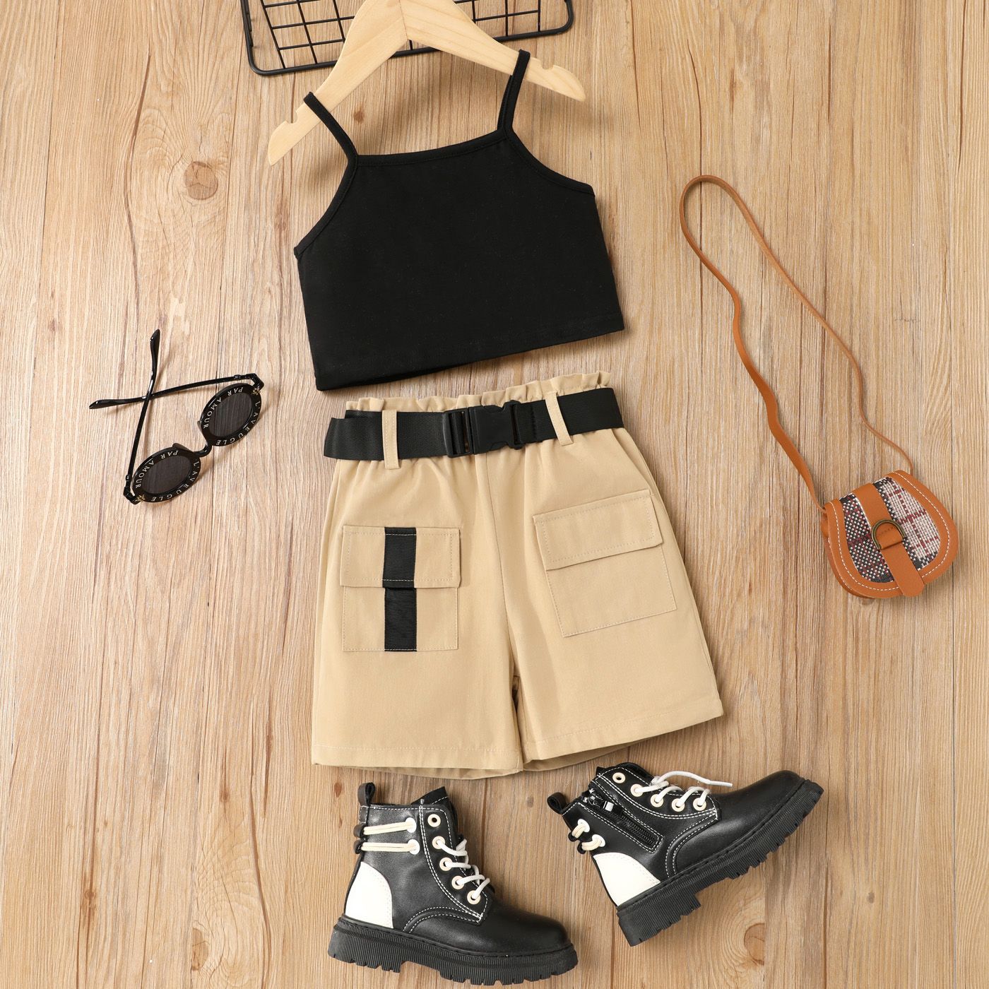 

3pcs Toddler Girl Trendy Camisole and Pocket Design Shorts & Belt Set