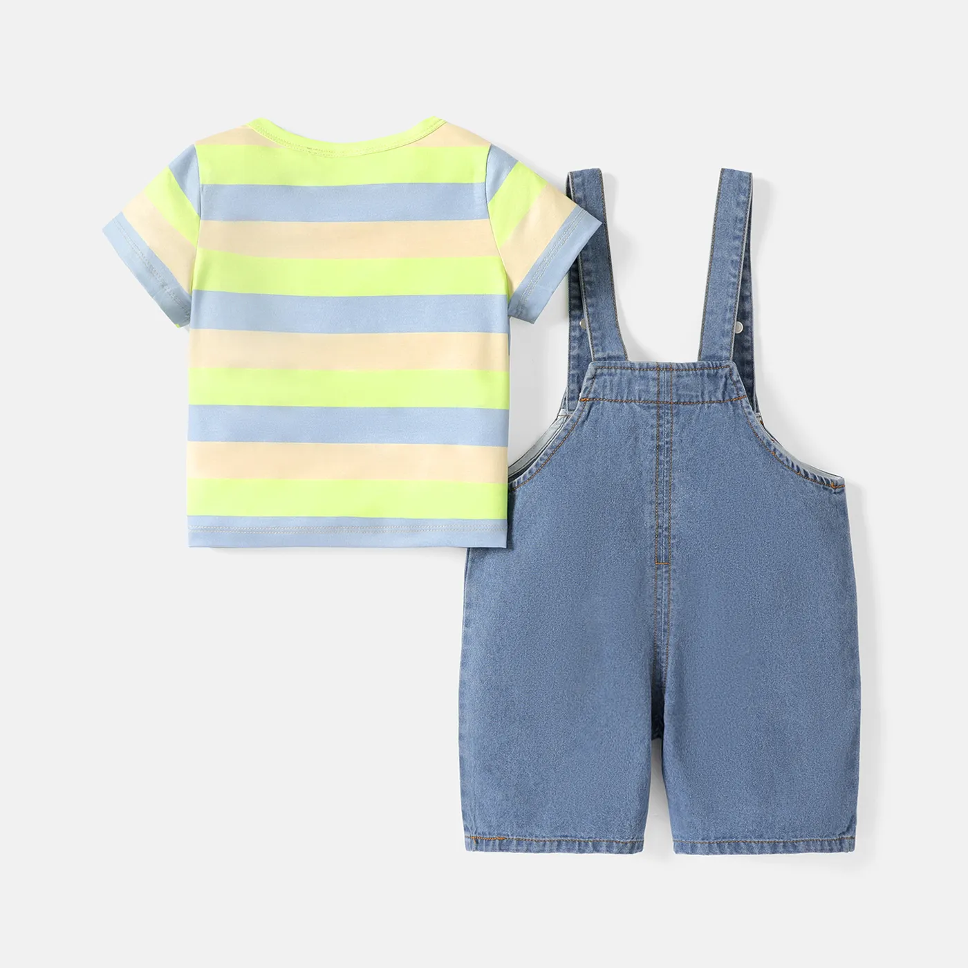 2pcs Baby Boy/Girl 95% Cotton Giraffe Graphic Denim Overalls Shorts and Short-sleeve Striped Naia™ Tee Set Green image 2