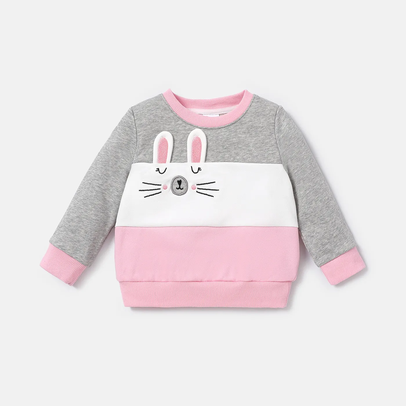 Baby Girl Rabbit Embroidered Colorblock Long-sleeve Sweatshirt Pink big image 1