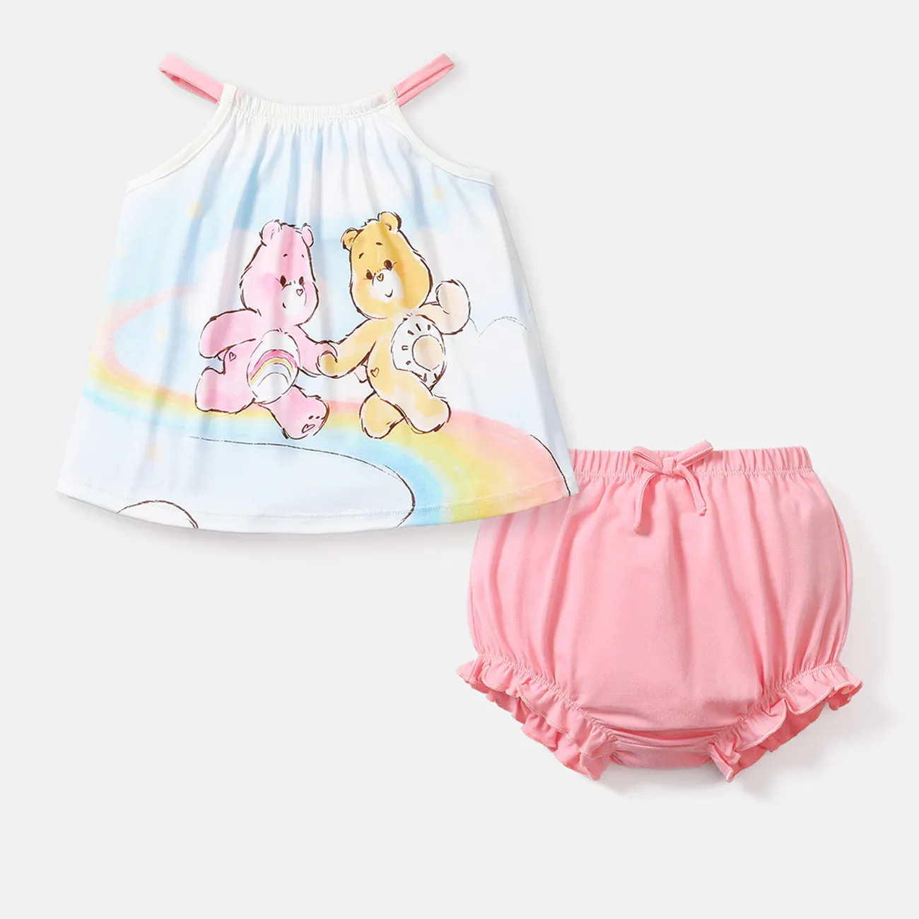 Care Bears Baby Girl 2pcs Bear Print Naia™ Cami Top and Solid Cotton Shorts Set Pink big image 1