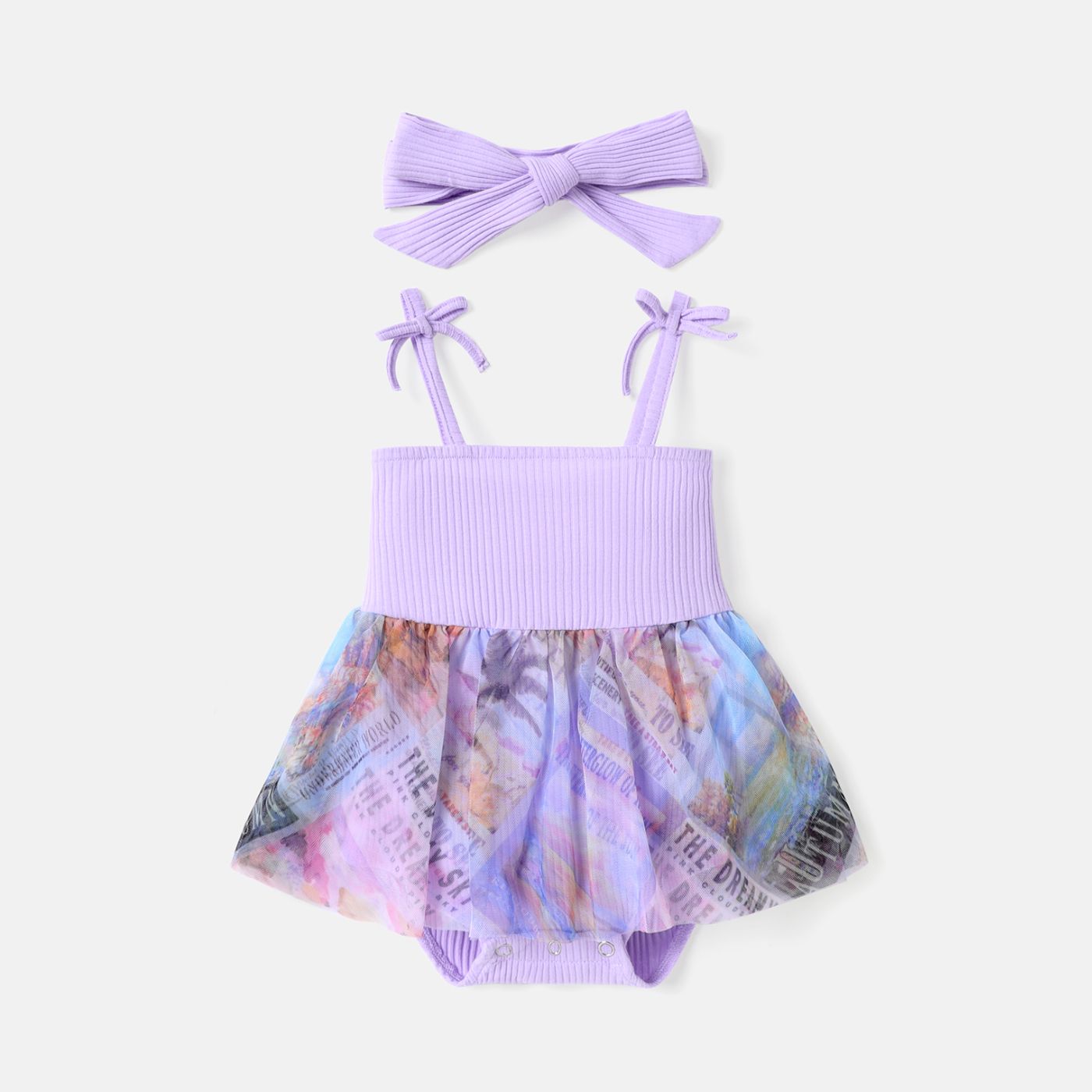 

2pcs Baby Girl Bowknot Design Mesh Splice Slip Rompers & Headband