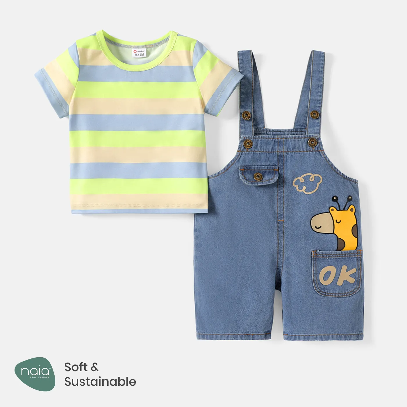 2pcs Baby Boy/Girl 95% Cotton Giraffe Graphic Denim Overalls Shorts and Short-sleeve Striped Naia™ Tee Set Green big image 1