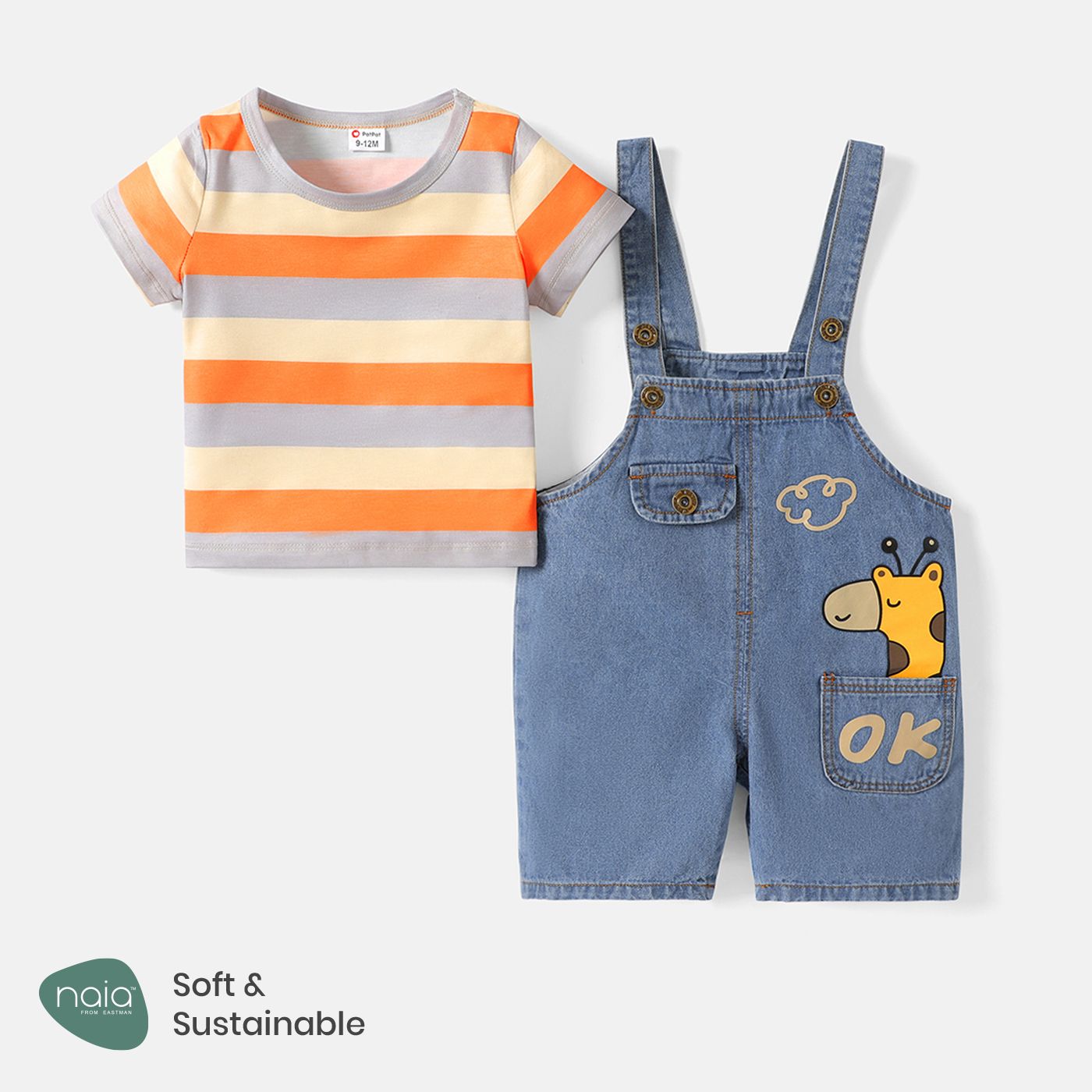

2pcs Baby Boy/Girl 95% Cotton Giraffe Graphic Denim Overalls Shorts and Short-sleeve Striped Naia™ Tee Set