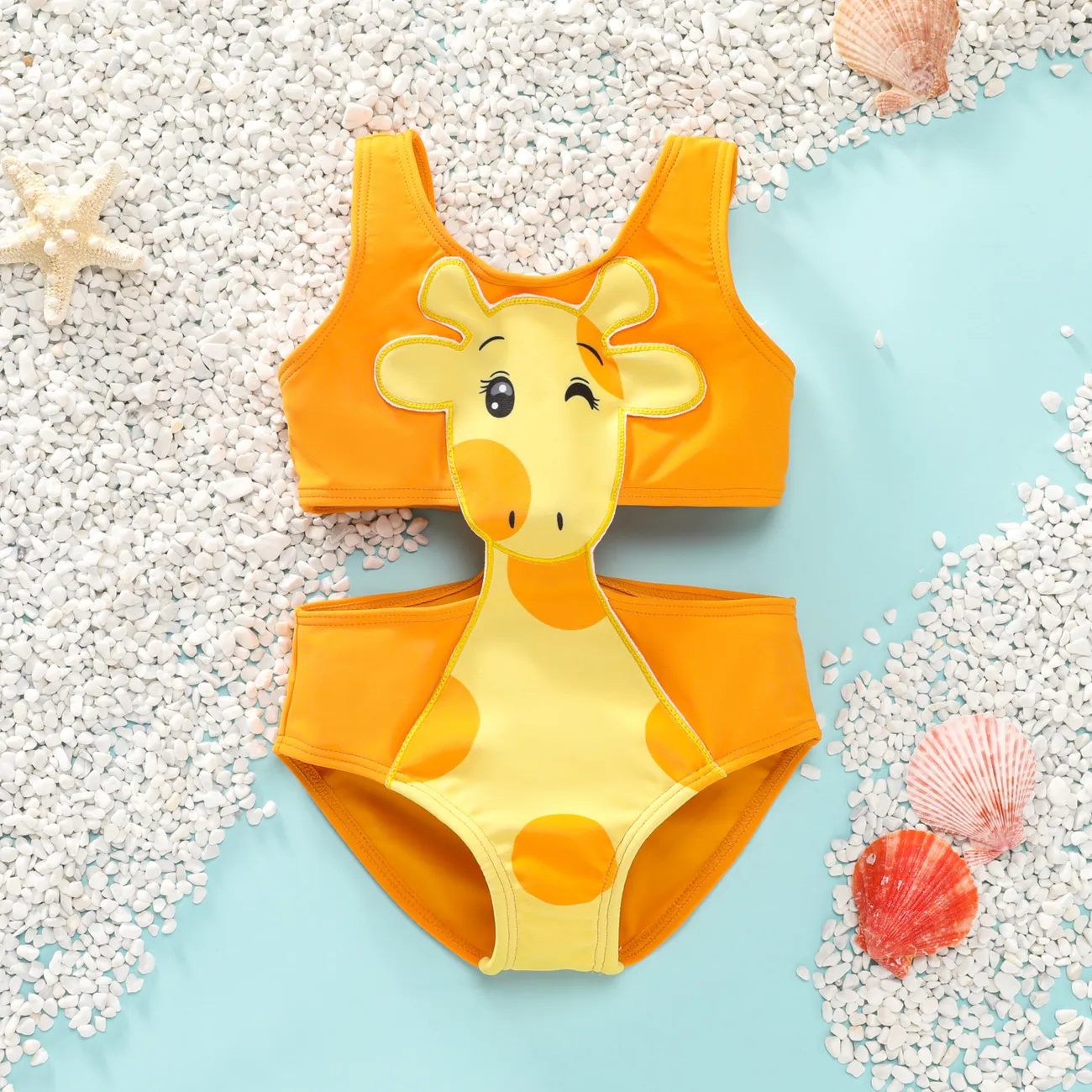 Toddler Girl Playful Giraffe Design Sleeveless Onepiece Swimsuit Orange big image 1
