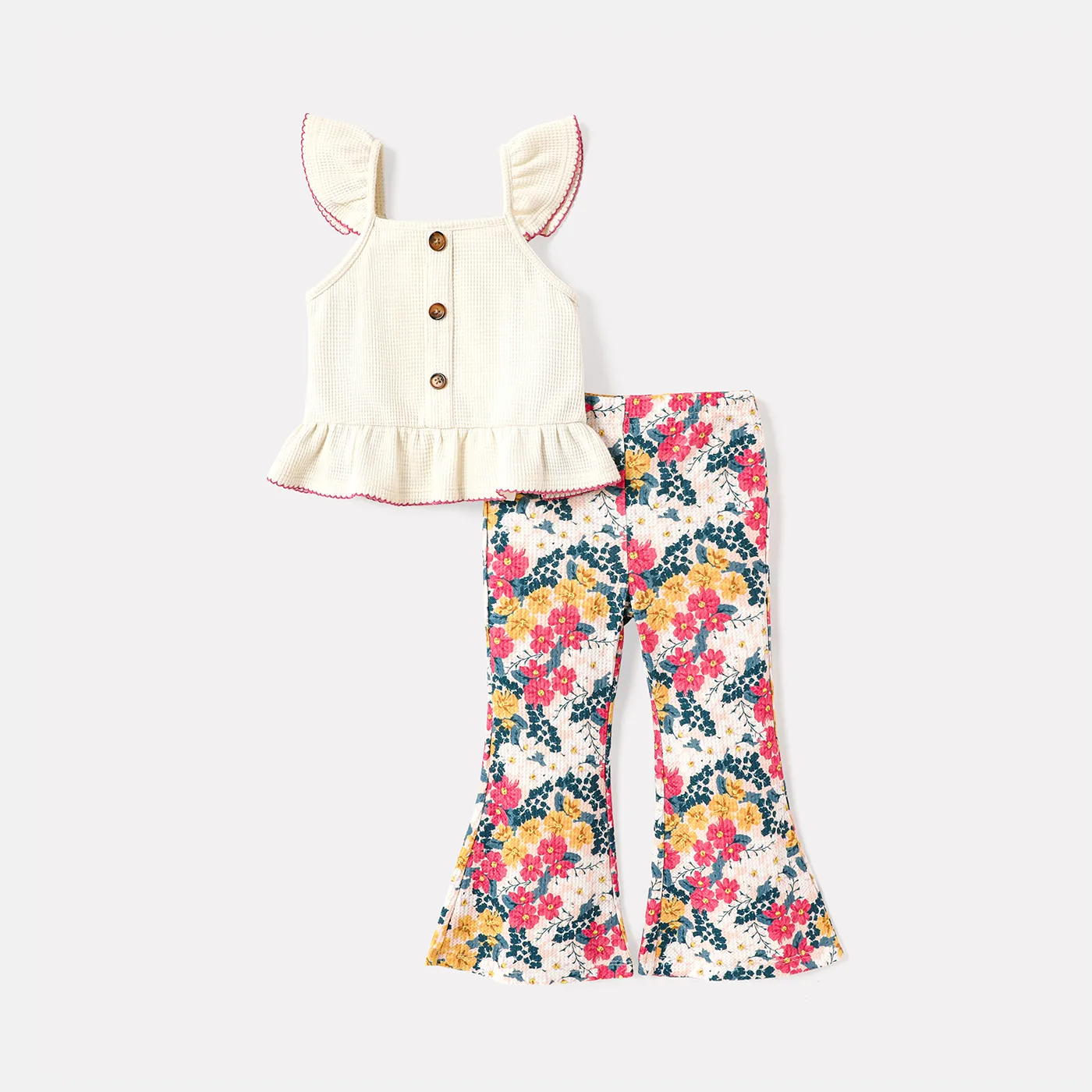 

2pcs Toddler Girl Ruffle Hem Flutter-sleeve Waffle Top and Floral Print Flared Pants Set