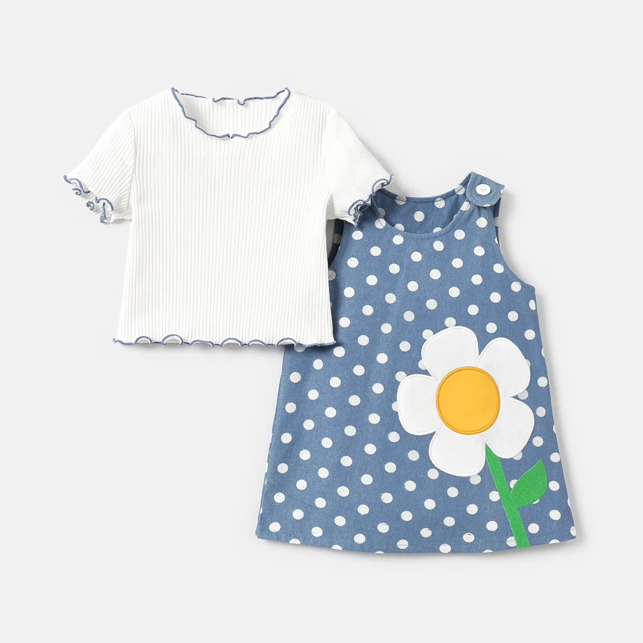 2pcs Baby Girl Lettuce Trim Rib-knit Top and Polka Dots Floral Graphic Overall Dress Set DENIMBLUE big image 1