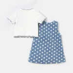 2pcs Baby Girl Lettuce Trim Rib-knit Top and Polka Dots Floral Graphic Overall Dress Set DENIMBLUE image 3