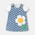 2pcs Baby Girl Lettuce Trim Rib-knit Top and Polka Dots Floral Graphic Overall Dress Set DENIMBLUE image 2