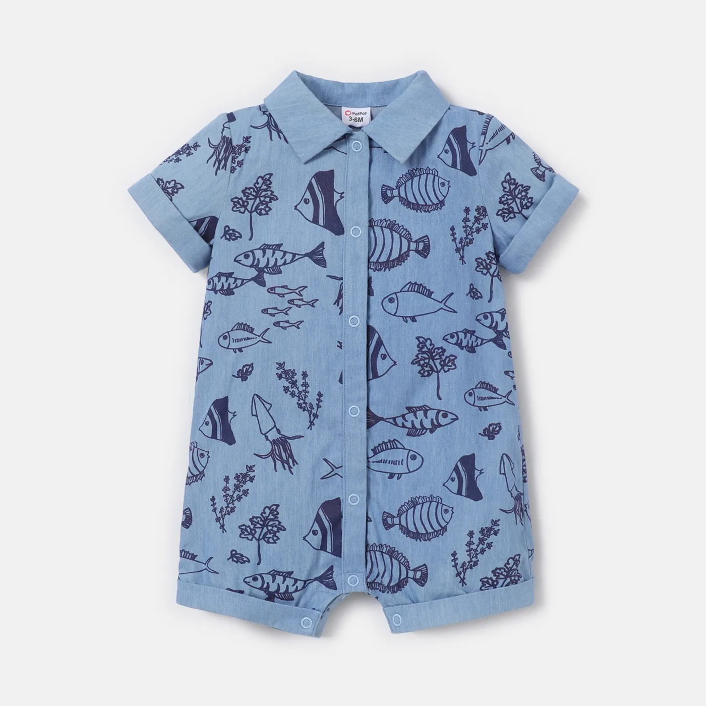 Baby Boy 100% Cotton Allover Fish Print Short-sleeve Shirt Jumpsuit DENIMBLUE big image 1