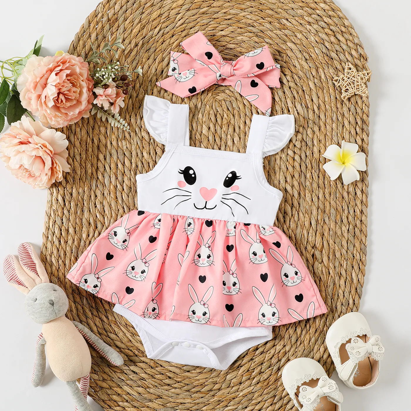 2pcs Baby Girl Rabbit Print Flutter-sleeve Faux-two Romper & Headband Set